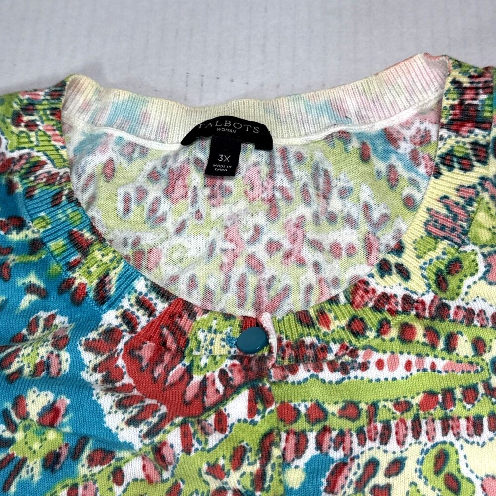 Talbots Lightweight Button Up Cardigan Multicolor 3/4 Sleeve 3X Paisley Turquoi